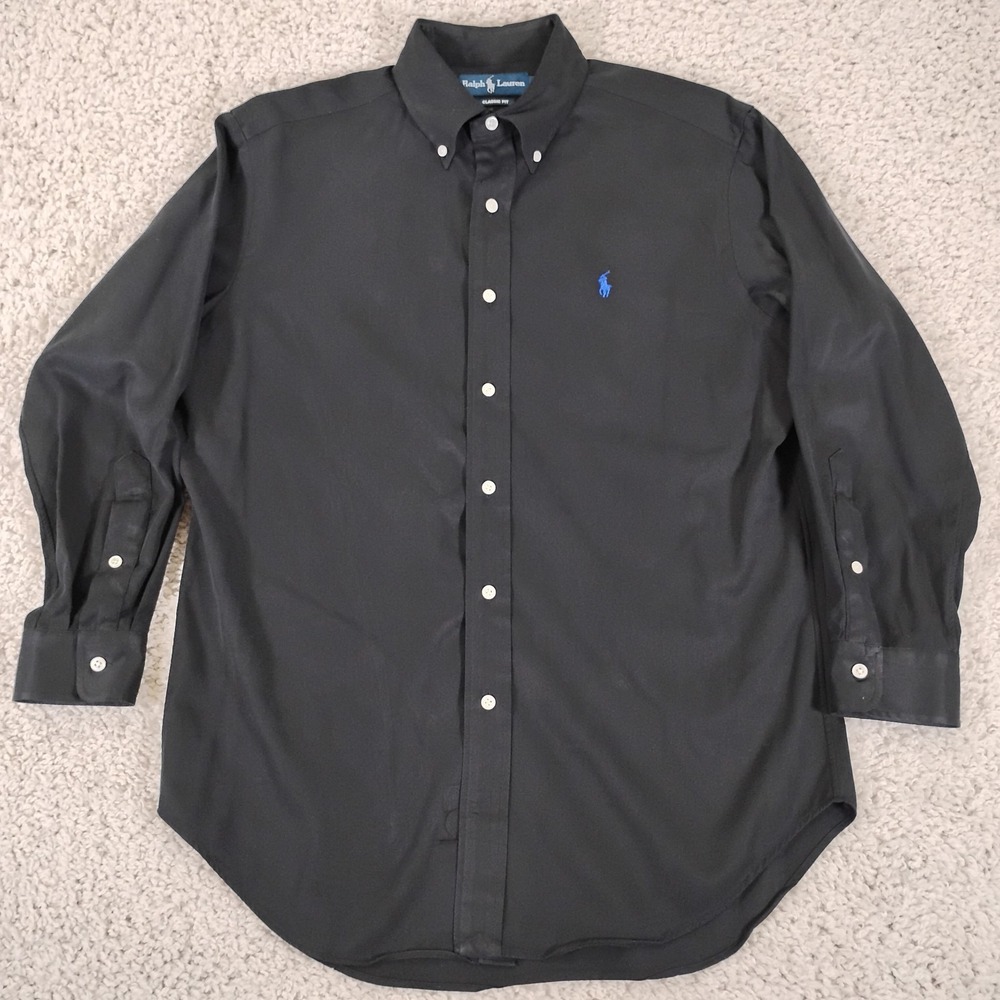 Vtg Ralph Lauren Shirt Mens Medium Black Cotton Silk Long Sleeve Button Pony 90s